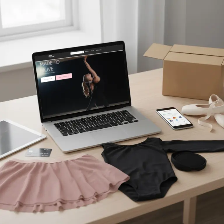 Lapirouetten verkkosivu auki pöydällä jossa balettitavaroita